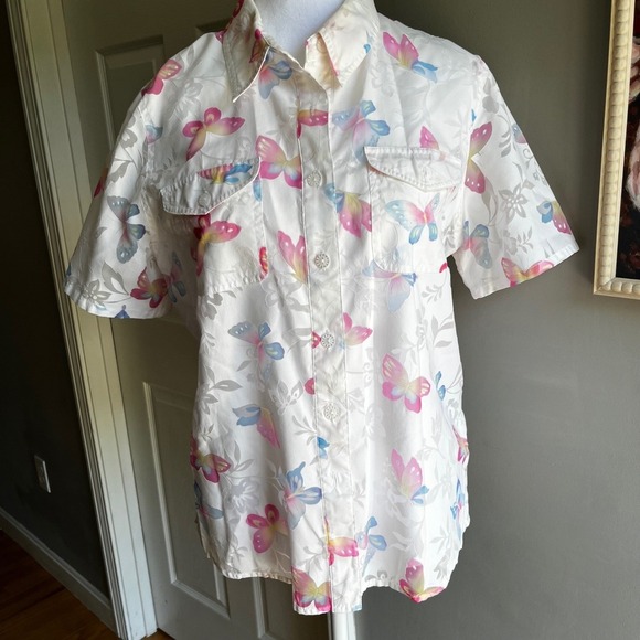 Alfred Dunner Butterfly Print Button Up Shirt Short Sleeve White Floral Top - Picture 1 of 8